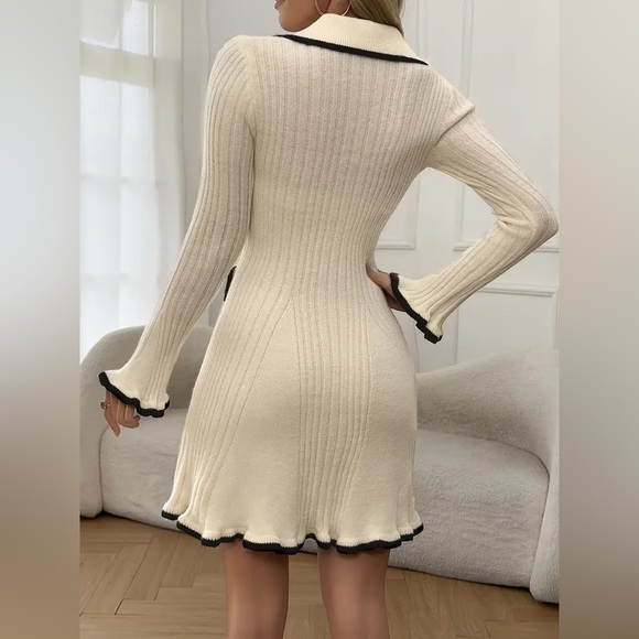 Cider KNIT COLLAR CONTRASTING BINDING LETTUCE TRIM MINI DRESS Ivory Black Small - Picture 4 of 12